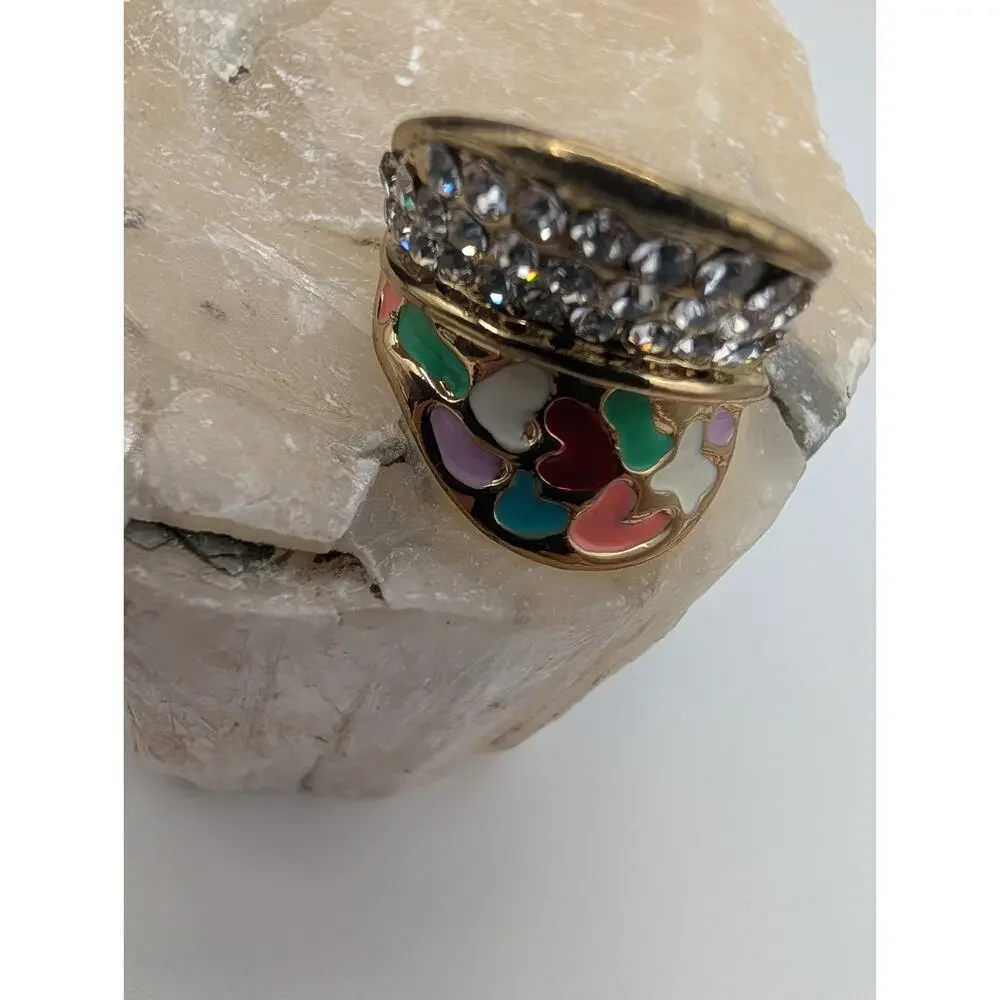 Fashion Statement Ring Gold Tone Clear Rhinestones Multi-Color Enamel Hearts Sz